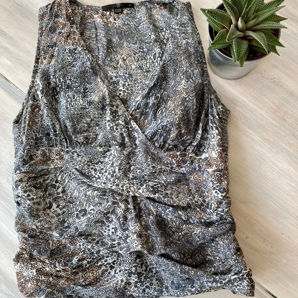 Vintage Teenflo Women’s Sleeveless Blue & Brown 100% Silk V-Neck Top. Small